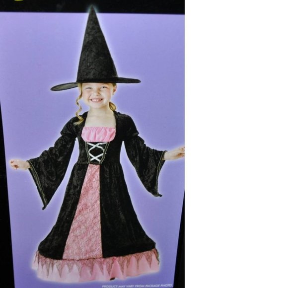 Witch Halloween Costume 7/8 Black & Pink Hoop Velour Dress & Hat 2 Pc Girls - Picture 1 of 6